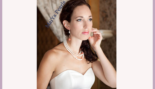 Necklace - Stunning AAA 3-Strand Off-White Freshwater Pearl & Orange Coral Rose