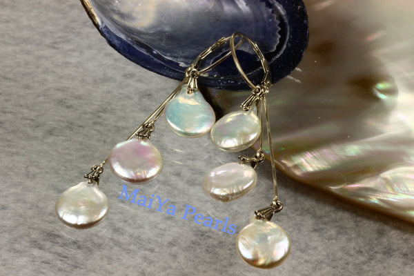 Earrings - 6 Coin High Lustre Coin / Flat Pearls White with Silver & Pinkish Overtones