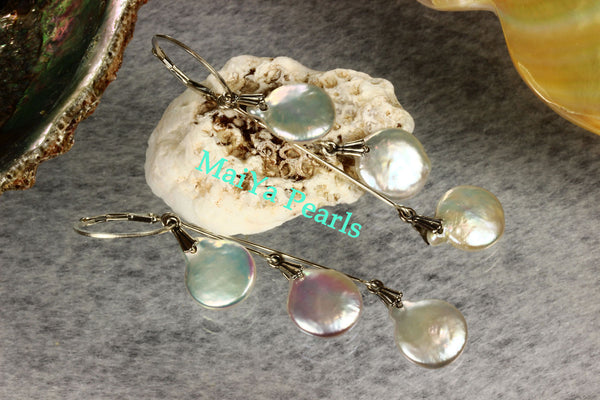 Earrings - 6 Coin High Lustre Coin / Flat Pearls White with Silver & Pinkish Overtones