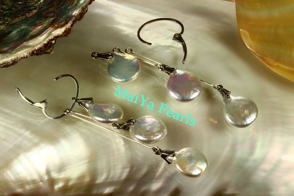 Earrings - 6 Coin High Lustre Coin / Flat Pearls White with Silver & Pinkish Overtones
