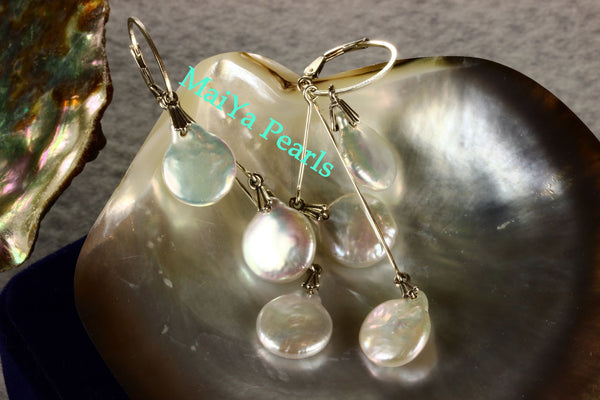 Earrings - 6 Coin High Lustre Coin / Flat Pearls White with Silver & Pinkish Overtones