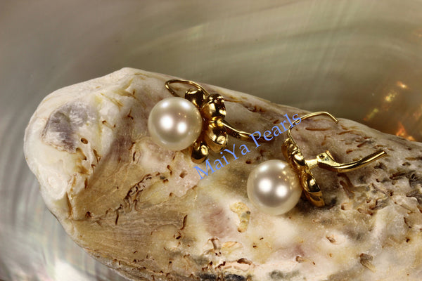 Earrings - 14k Yellow Gold Stunning AAA Off-White Freshwater Pearls on 14k Yellow Gold Flower Setting