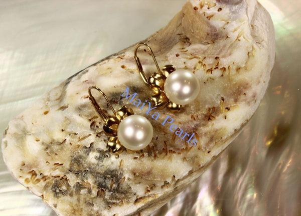 Earrings - 14k Yellow Gold Stunning AAA Off-White Freshwater Pearls on 14k Yellow Gold Flower Setting