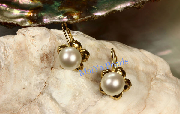 Earrings - 14k Yellow Gold Stunning AAA Off-White Freshwater Pearls on 14k Yellow Gold Flower Setting