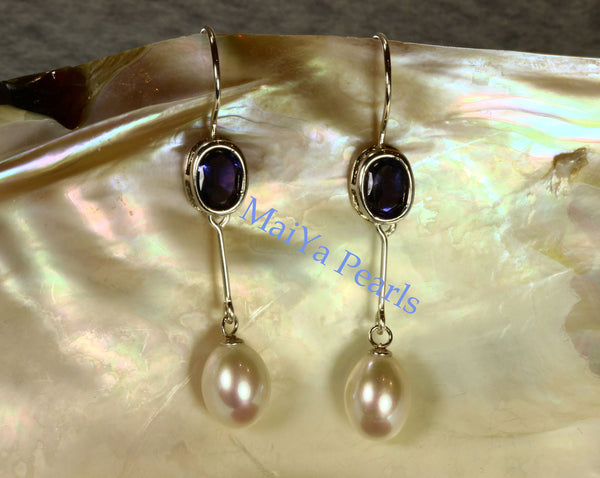 Earrings - A+ Iolite Faceted Purplish Blue & AAA Off-White Fine Waterdrop Freshwater Pearl