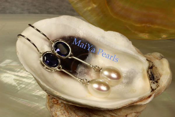 Earrings - A+ Iolite Faceted Purplish Blue & AAA Off-White Fine Waterdrop Freshwater Pearl
