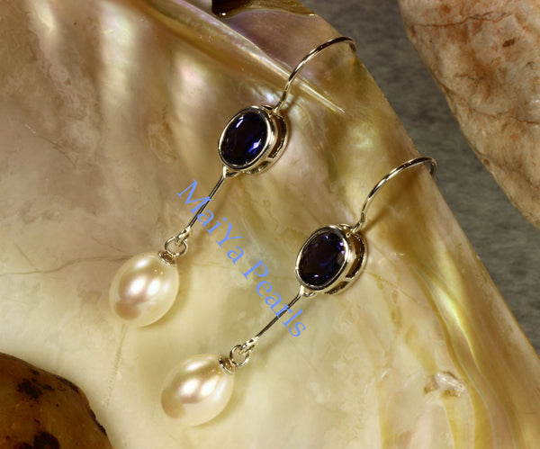 Earrings - A+ Iolite Faceted Purplish Blue & AAA Off-White Fine Waterdrop Freshwater Pearl