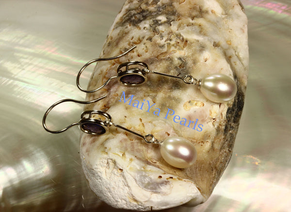 Earrings - A+ Iolite Faceted Purplish Blue & AAA Off-White Fine Waterdrop Freshwater Pearl