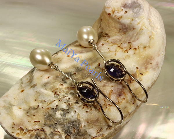 Earrings - A+ Iolite Faceted Purplish Blue & AAA Off-White Fine Waterdrop Freshwater Pearl
