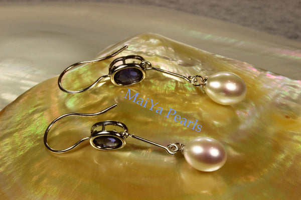 Earrings - A+ Iolite Faceted Purplish Blue & AAA Off-White Fine Waterdrop Freshwater Pearl