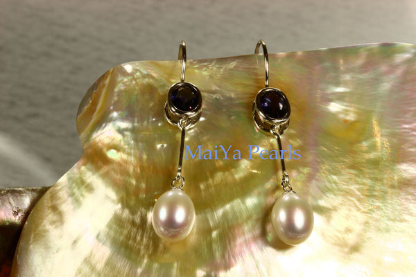 Earrings - A+ Iolite Faceted Purplish Blue & AAA Off-White Fine Waterdrop Freshwater Pearl