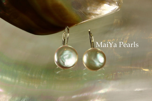 Earrings - Simply beautiful Coin Shape Peach Pearls Silver Leverback Earwire