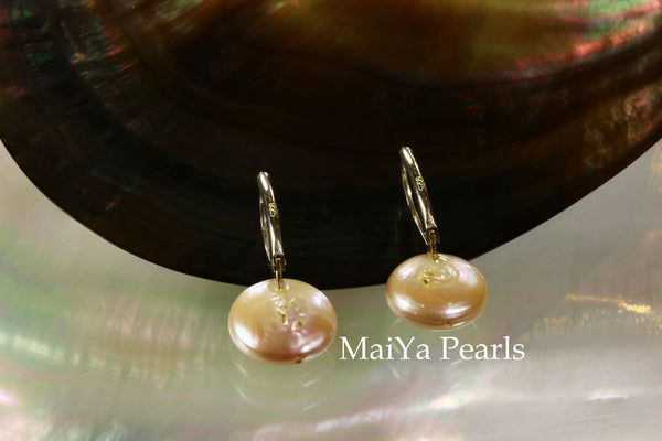 Earrings - Simply beautiful Coin Shape Peach Pearls Silver Leverback Earwire