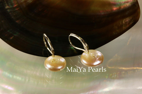 Earrings - Simply beautiful Coin Shape Peach Pearls Silver Leverback Earwire