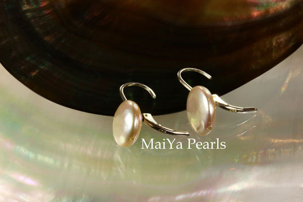 Earrings - Simply beautiful Coin Shape Peach Pearls Silver Leverback Earwire