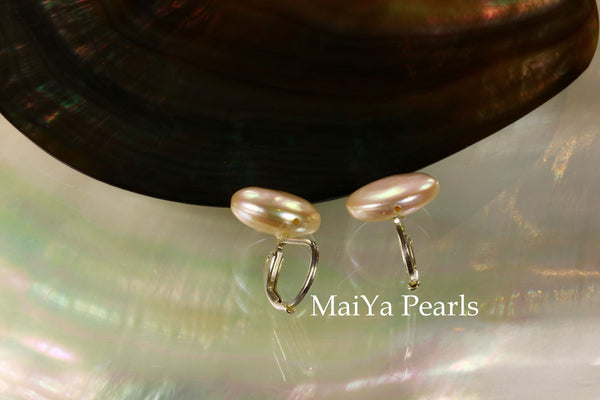 Earrings - Simply beautiful Coin Shape Peach Pearls Silver Leverback Earwire