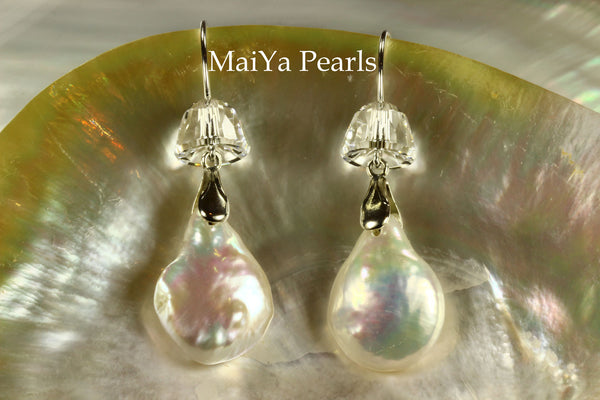 Earrings - AAA Lustrous Coin FW Pearls White & Crystal