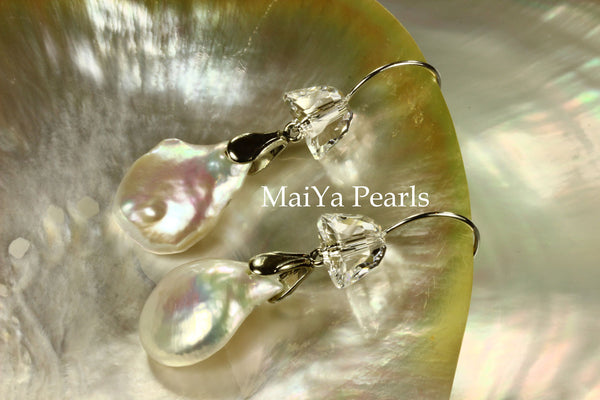 Earrings - AAA Lustrous Coin FW Pearls White & Crystal