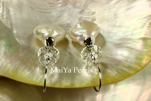 Earrings - AAA Lustrous Coin FW Pearls White & Crystal