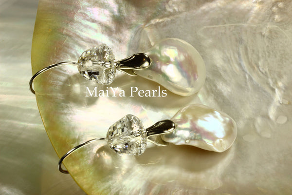 Earrings - AAA Lustrous Coin FW Pearls White & Crystal