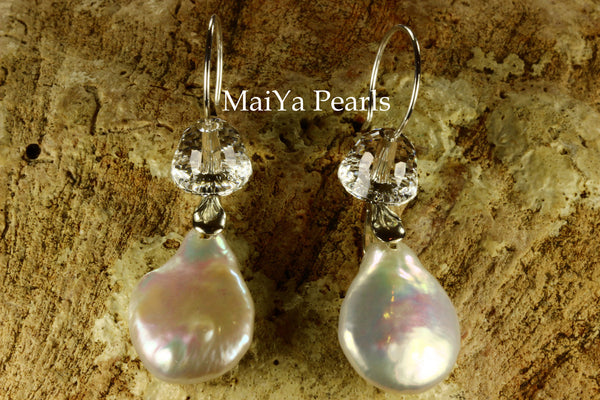 Earrings - AAA Lustrous Coin FW Pearls White & Crystal