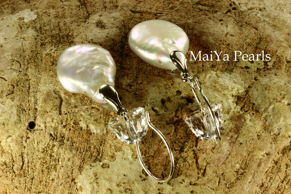 Earrings - AAA Lustrous Coin FW Pearls White & Crystal