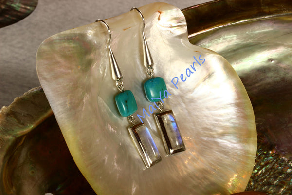 Earrings - Exceptional Blue Rainbow Moonstone Rectangle & Square Turquoise Natural Blue