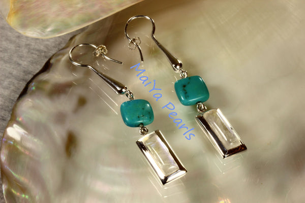 Earrings - Exceptional Blue Rainbow Moonstone Rectangle & Square Turquoise Natural Blue