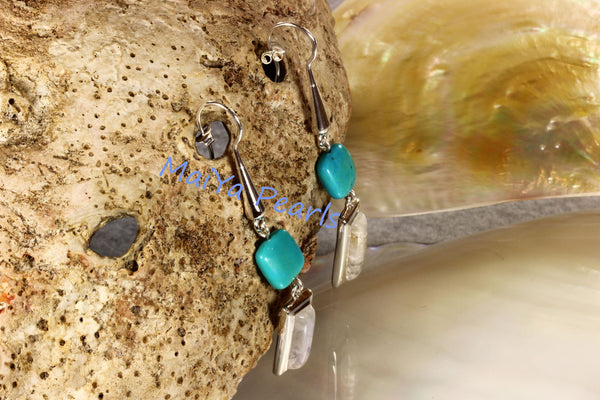 Earrings - Exceptional Blue Rainbow Moonstone Rectangle & Square Turquoise Natural Blue
