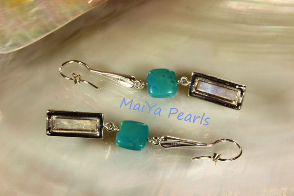 Earrings - Exceptional Blue Rainbow Moonstone Rectangle & Square Turquoise Natural Blue