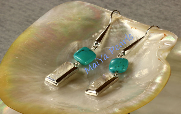 Earrings - Exceptional Blue Rainbow Moonstone Rectangle & Square Turquoise Natural Blue