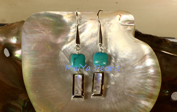 Earrings - Exceptional Blue Rainbow Moonstone Rectangle & Square Turquoise Natural Blue