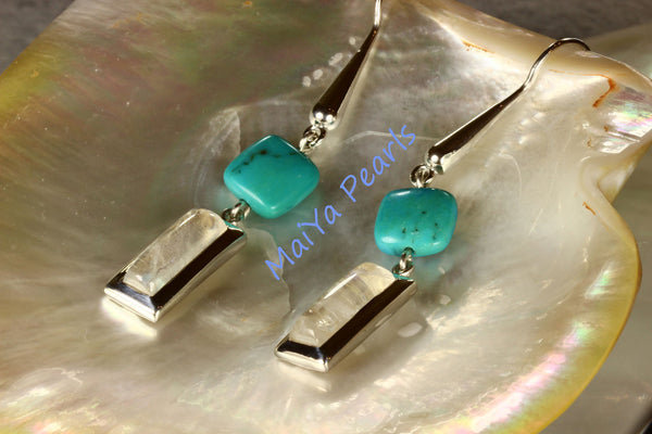 Earrings - Exceptional Blue Rainbow Moonstone Rectangle & Square Turquoise Natural Blue