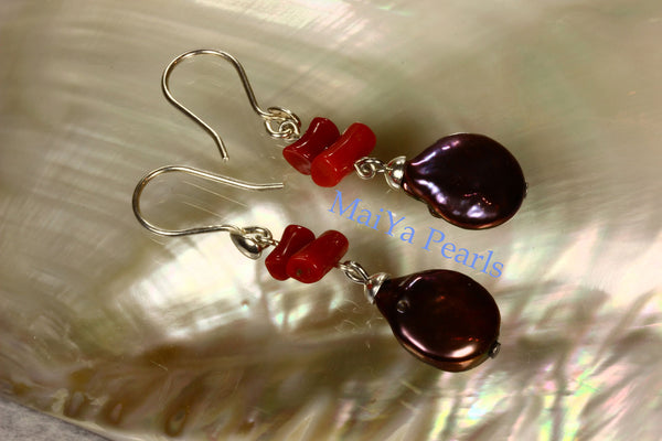 Earrings - Red Coral Earrings- Natural Red Coral Branch & High Lustre Purplish Brownish Black Coin / Flat Pearls