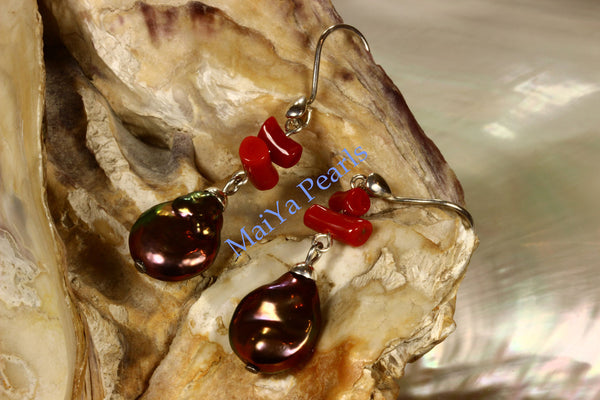Earrings - Red Coral Earrings- Natural Red Coral Branch & High Lustre Purplish Brownish Black Coin / Flat Pearls