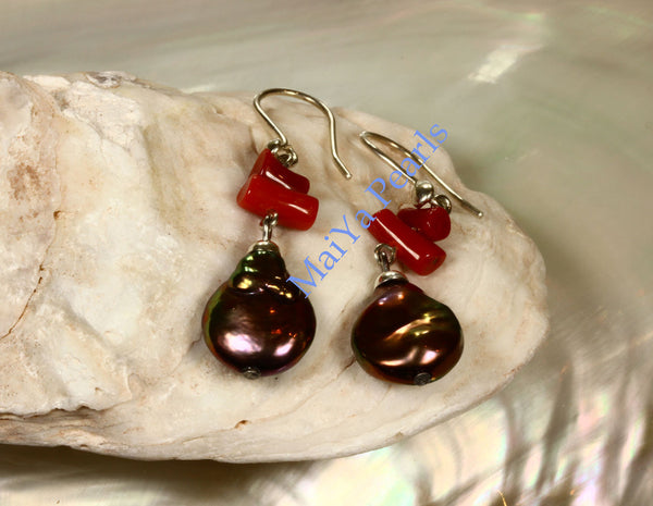 Earrings - Red Coral Earrings- Natural Red Coral Branch & High Lustre Purplish Brownish Black Coin / Flat Pearls