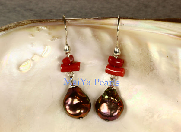 Earrings - Red Coral Earrings- Natural Red Coral Branch & High Lustre Purplish Brownish Black Coin / Flat Pearls