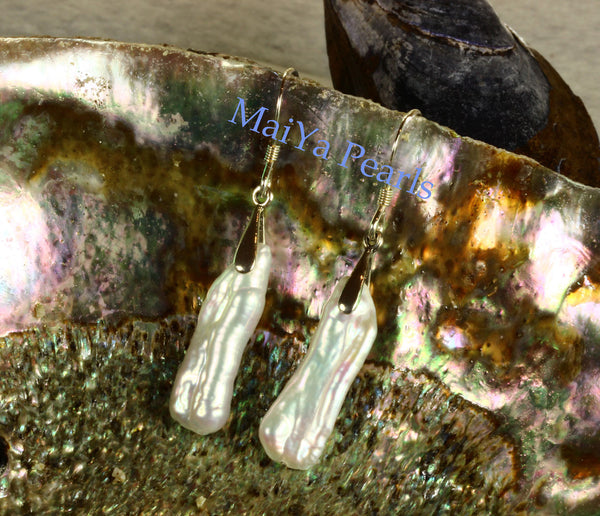 Earrings - High Lustre White Stick Pearl / Biwa Pearl Freshwater