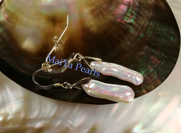 Earrings - High Lustre White Stick Pearl / Biwa Pearl Freshwater
