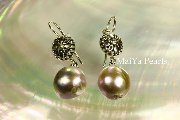 Earrings - Kasumi Like FW Pearl Purple With Silver Daisy