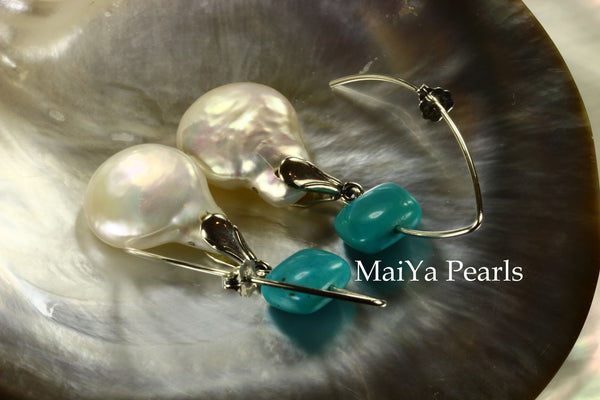Earrings - Large Cointail Pearl & Square Turquoise