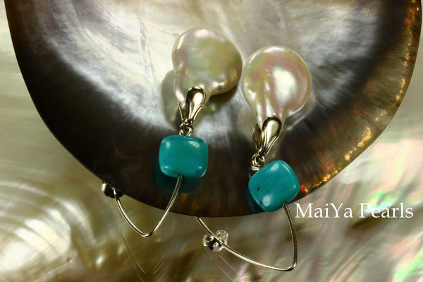 Earrings - Large Cointail Pearl & Square Turquoise