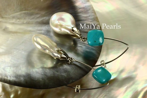 Earrings - Large Cointail Pearl & Square Turquoise