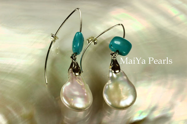 Earrings - Large Cointail Pearl & Square Turquoise