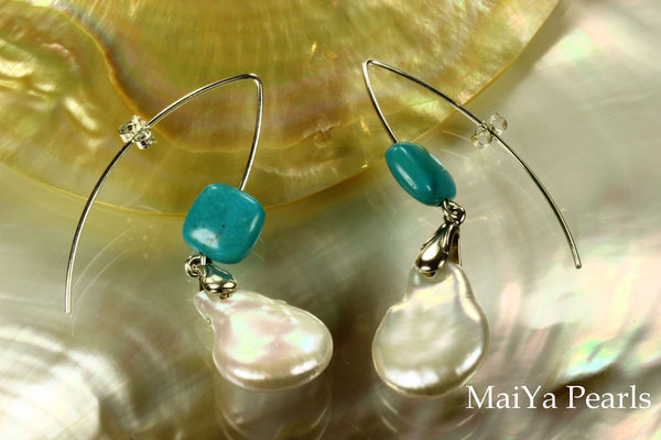 Earrings - Large Cointail Pearl & Square Turquoise