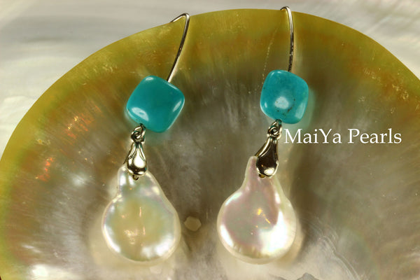 Earrings - Large Cointail Pearl & Square Turquoise