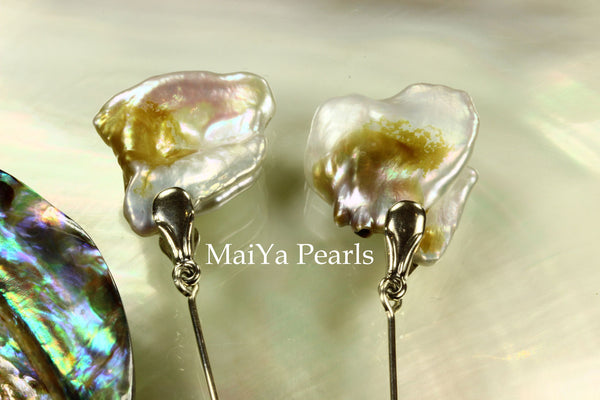 Earrings - Rare Bi-Color Large Keshi Pearls