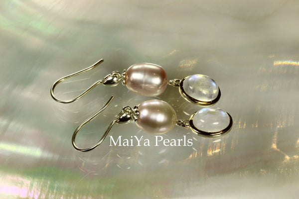 Earrings - Oval Moonstone & Waterdrop Purple FW Pearl