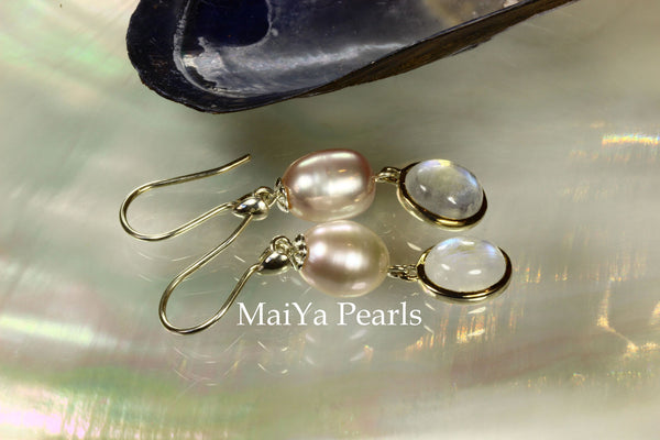 Earrings - Oval Moonstone & Waterdrop Purple FW Pearl