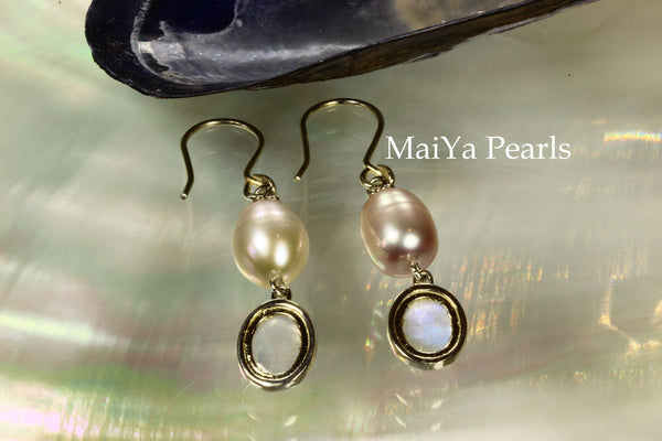 Earrings - Oval Moonstone & Waterdrop Purple FW Pearl